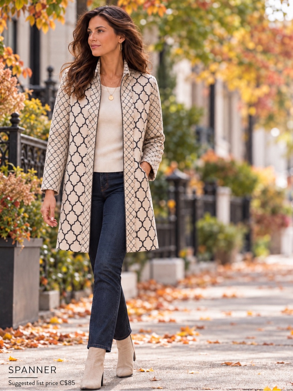 SPANNER Cream and Black Geometric Trench Coat